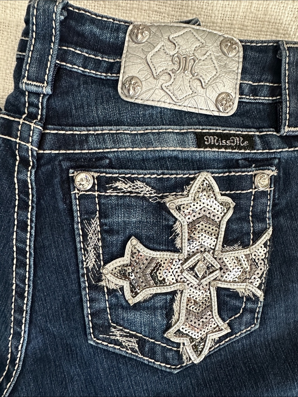 Miss Me Dark Blue Bootcut Jeans with Silver Sequin Cross Pocket